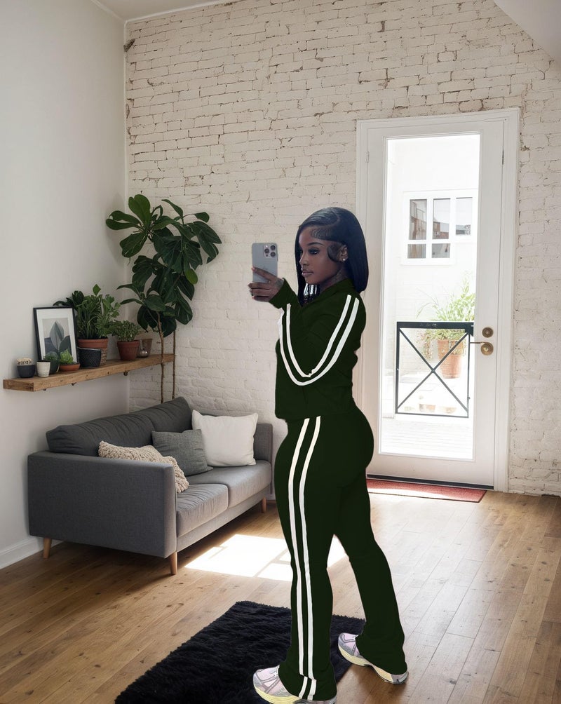 HBQ Women's 2 Piece Sweatsuit Sets Zip Up Crop Tops and Flare Pants Casual Striped Tracksuit Jogger Loungewear Set-Dark Green-L - Image 3