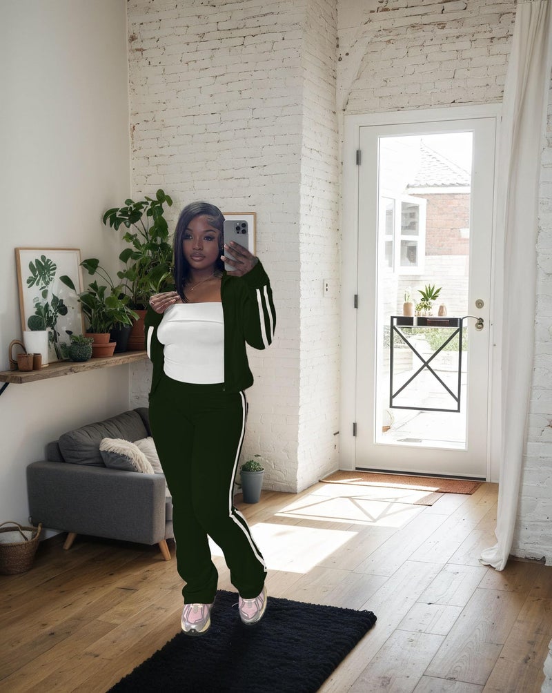 HBQ Women's 2 Piece Sweatsuit Sets Zip Up Crop Tops and Flare Pants Casual Striped Tracksuit Jogger Loungewear Set-Dark Green-L - Image 4