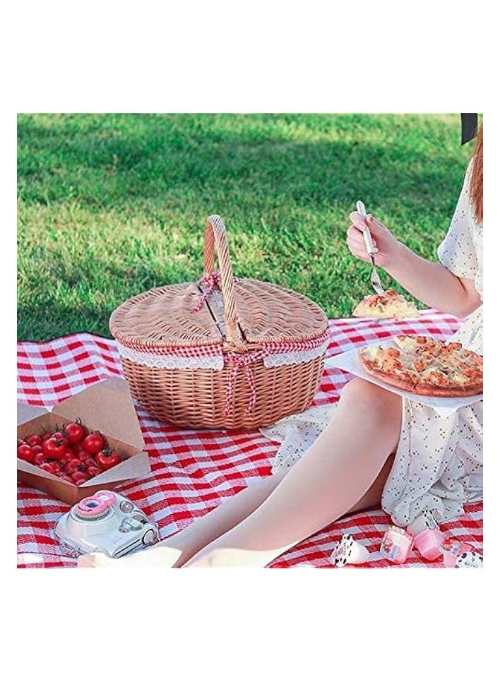 Green Tiger Picnic basket Handmade Wicker Basket with Handle, Wicker Camping Picnic Basket with Double Lids, Shopping Storage Hamper Basket with Cloth Lining - Image 2