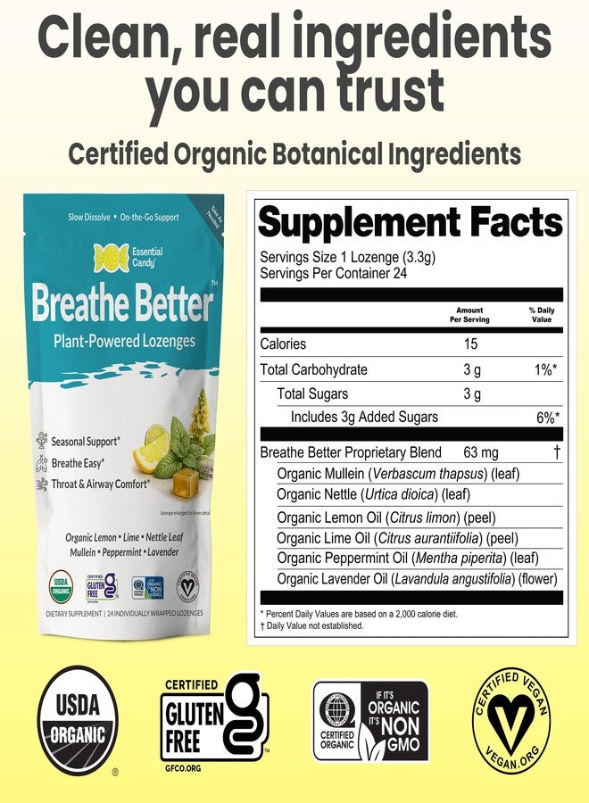 Essential Candy Breathe Better (Clarity) Plant-Powered Lozenges | Seasonal Support Breathe Easier | Organic Lemon, Lime, Peppermint, Lavender | Gluten-Free, Non-GMO, Vegan - 24 Count (Pack of 1) - Image 4
