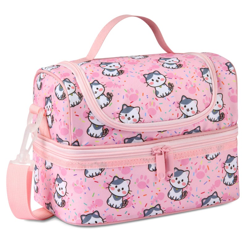 Kasqo Lunch Box Bag for Girls 65L Insulated Mini Cooler Bag Kids Lunch Tote with Dual Compartments Pink Cat