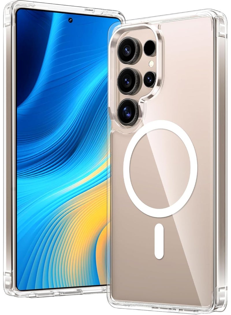 غطاء سامسونج جالاكسي S25 Ultra المغناطيسي، متوافق مع ماج سيف، 【مقاوم للاصفرار】 شفاف تماماً وذو حماية عسكرية متينة، مع وسائد هوائية مضادة للصدمات، غطاء خلفي فائق النحافة بمغناطيس قوي لسامسونج جالاكسي S25 Ultra - شفاف - Image 1