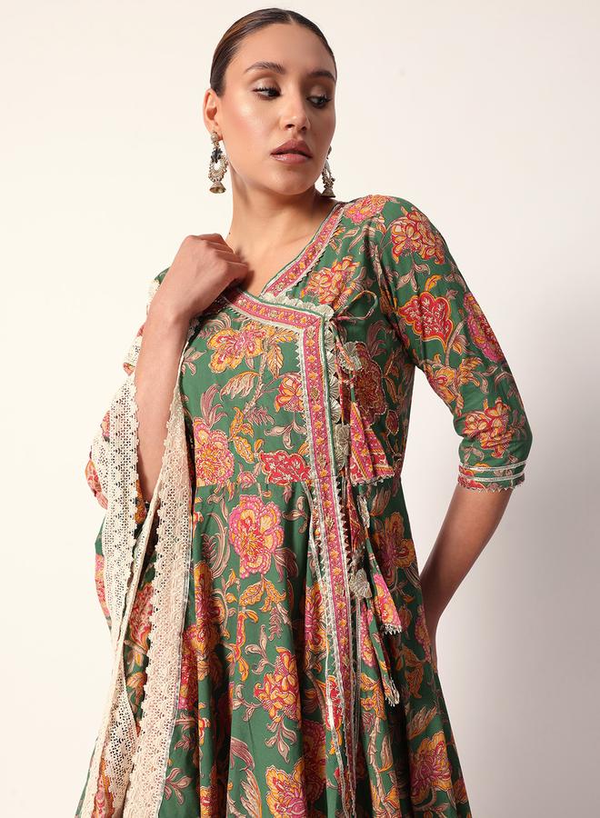 ISHIN Women's Green Cotton Textured Tunic Full Palazzo Regular Fit Kurta Set - Image 1