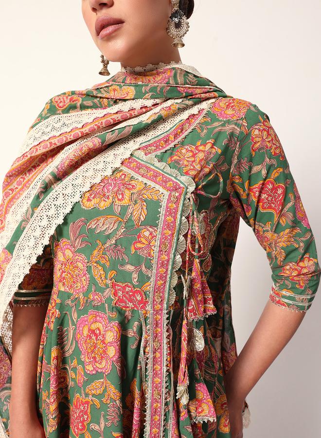 ISHIN Women's Green Cotton Textured Tunic Full Palazzo Regular Fit Kurta Set - Image 2