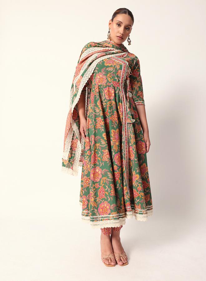 ISHIN Women's Green Cotton Textured Tunic Full Palazzo Regular Fit Kurta Set - Image 5