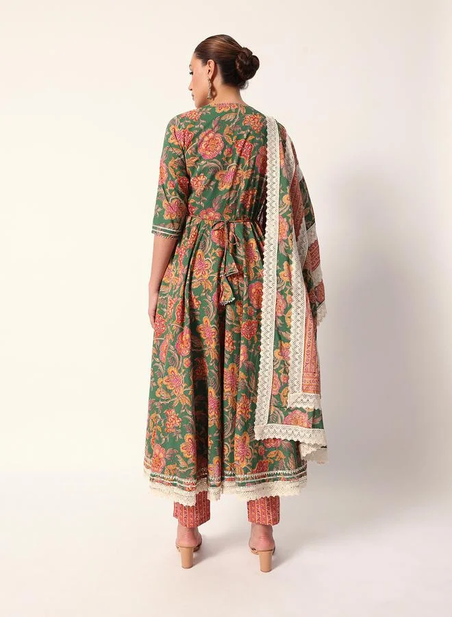 ISHIN Women's Green Cotton Textured Tunic Full Palazzo Regular Fit Kurta Set