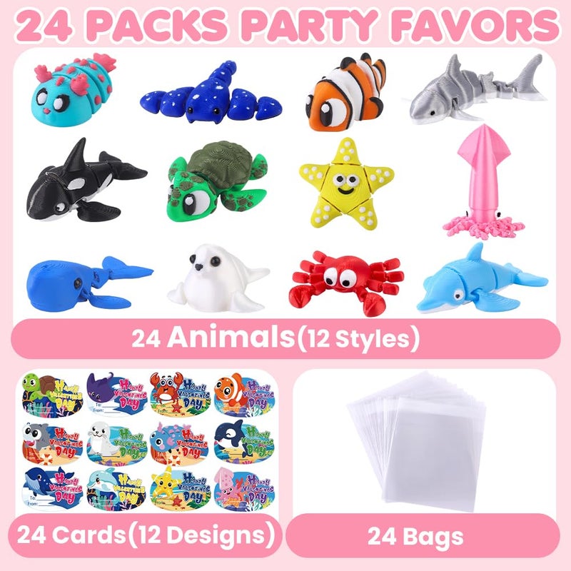 Celltestria 24pcs Valentines Day Gifts 3D Printed Ocean Animals Figurines with Valentine's Cards for Kids Boys Girls Valentine Day Party Favors Toys Classroom School Prize Rewards Gifts Exchange - Image 2