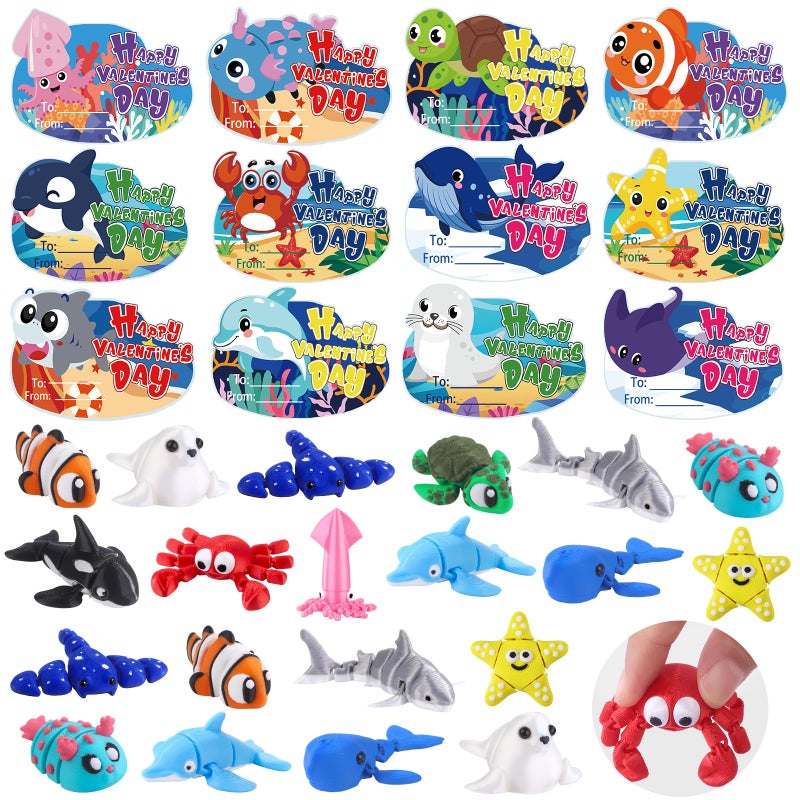 Celltestria 24pcs Valentines Day Gifts 3D Printed Ocean Animals Figurines with Valentine's Cards for Kids Boys Girls Valentine Day Party Favors Toys Classroom School Prize Rewards Gifts Exchange - Image 1