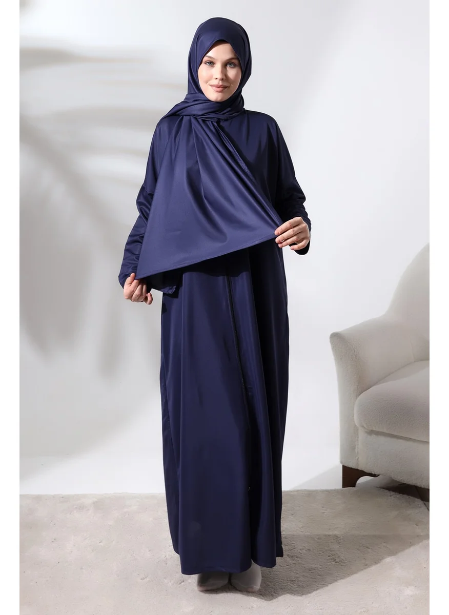 İhvan Ihvan Women's One Piece Zippered Prayer Dress with Headscarf Navy Blue