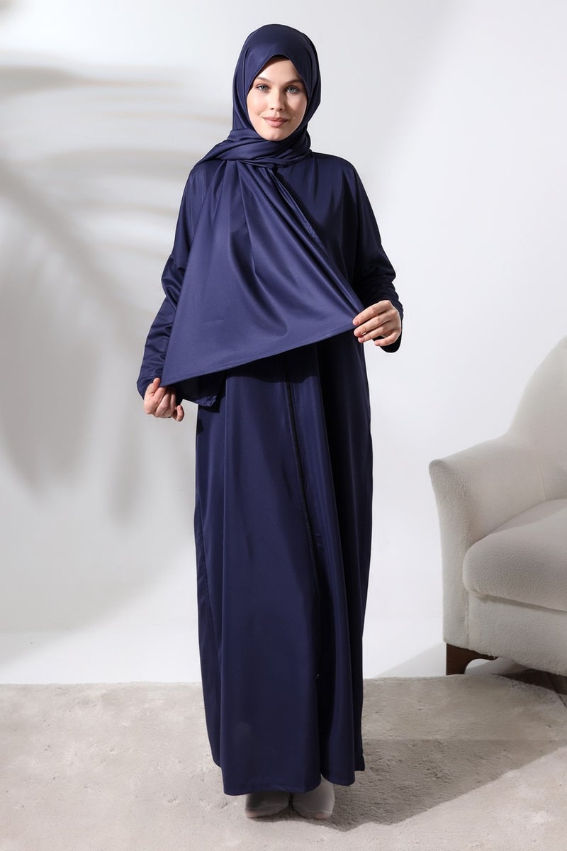 İhvan Ihvan Women's One Piece Zippered Prayer Dress with Headscarf Navy Blue  - Image 1