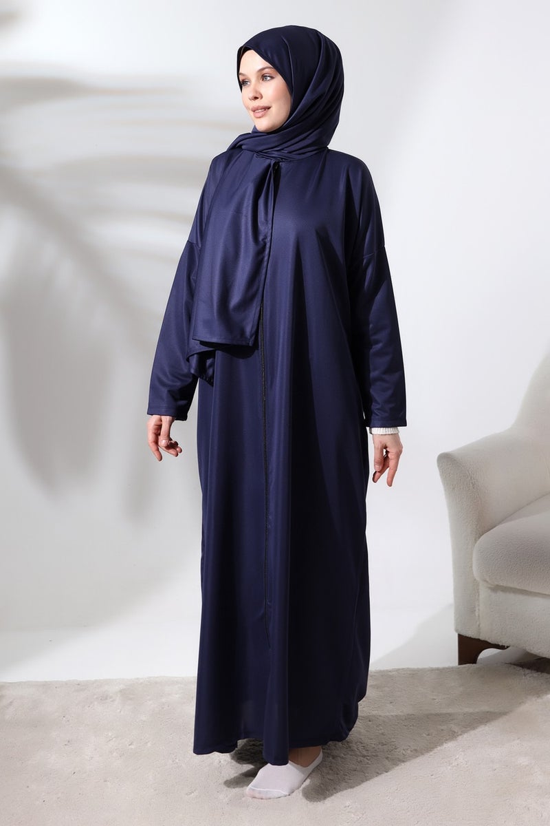 İhvan Ihvan Women's One Piece Zippered Prayer Dress with Headscarf Navy Blue  - Image 2