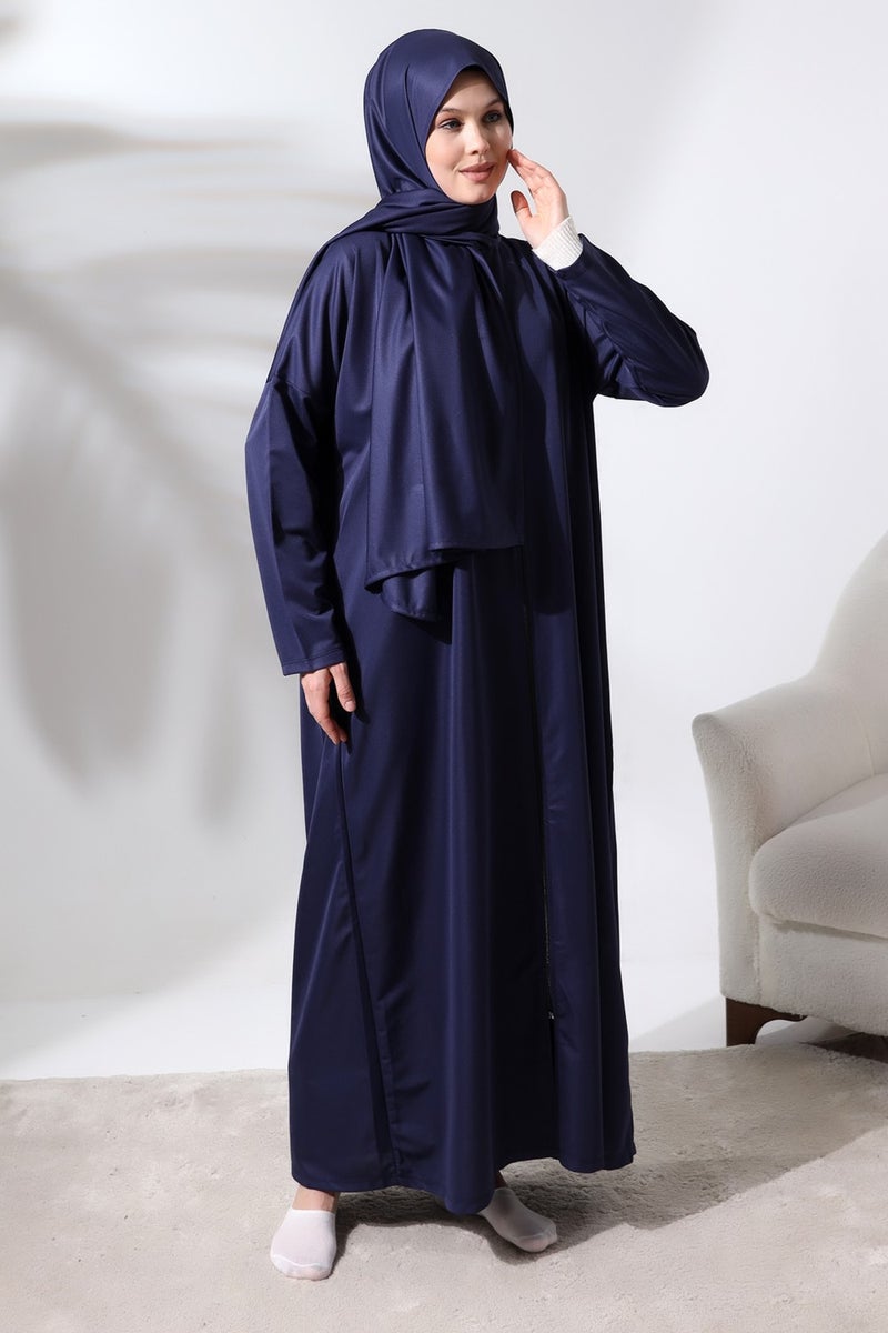 İhvan Ihvan Women's One Piece Zippered Prayer Dress with Headscarf Navy Blue  - Image 3