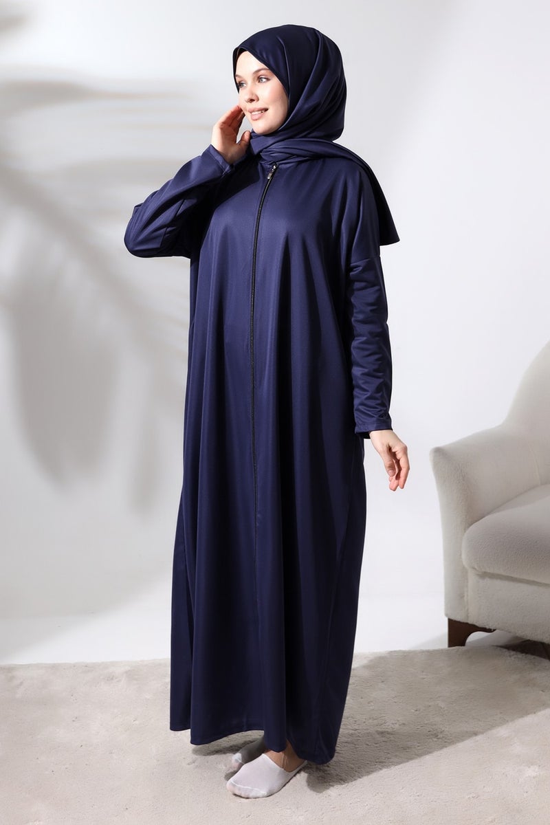 İhvan Ihvan Women's One Piece Zippered Prayer Dress with Headscarf Navy Blue  - Image 4