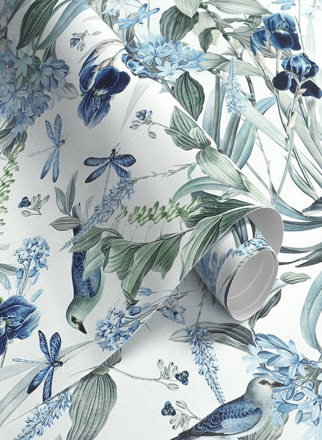 lenify Floral Wallpaper Peel and Stick Blue Flower Contact Paper 16.9inch x196.8inch Vintage Wallpaper Floral Bird Wallpaper for Cabinets Shelf Liner Removable Decor Wallpaper White and Blue Vinyl - Image 5