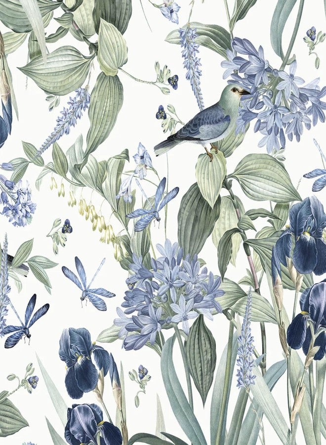lenify Floral Wallpaper Peel and Stick Blue Flower Contact Paper 16.9inch x196.8inch Vintage Wallpaper Floral Bird Wallpaper for Cabinets Shelf Liner Removable Decor Wallpaper White and Blue Vinyl - Image 1
