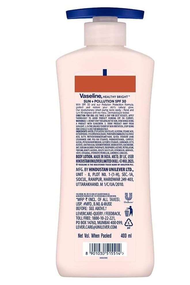 فازلين لوشن الجسم هيلثي برايت للحماية من الشمس بعامل حماية من الشمس 30، مرطب يومي للبشرة الجافة، يمنح بشرة متوهجة غير دهنية - للرجال والنساء 400 مل - Image 2