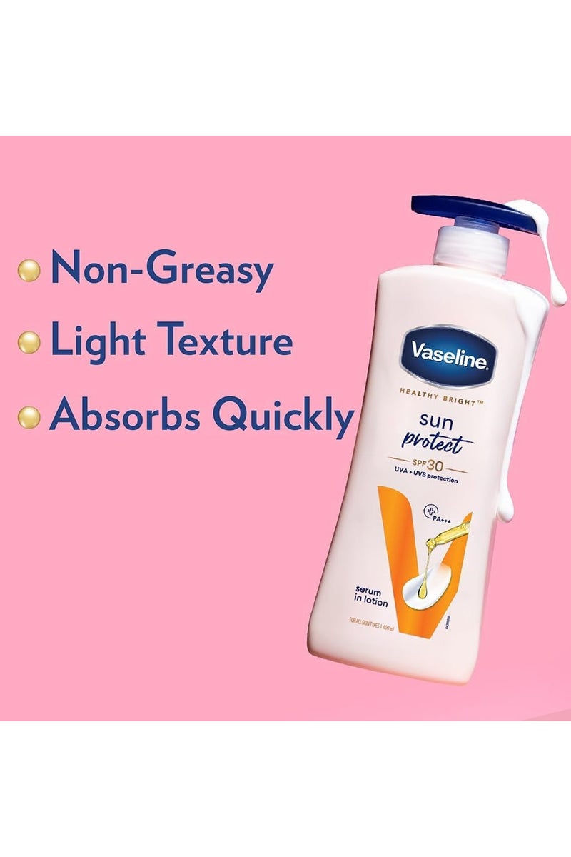 فازلين لوشن الجسم هيلثي برايت للحماية من الشمس بعامل حماية من الشمس 30، مرطب يومي للبشرة الجافة، يمنح بشرة متوهجة غير دهنية - للرجال والنساء 400 مل - Image 4