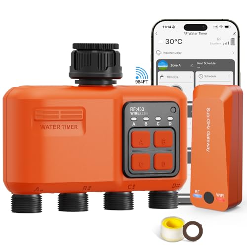 XinFuture Smart WiFi Sprinkler Timer 4 Zone,WiFi Water Timer for Garden Hose with 984 FT Range,APP & Remote Control,Alexa & Google Voice Compatible,Rain Delay, Manual Mode Sprinkler System - Image 1