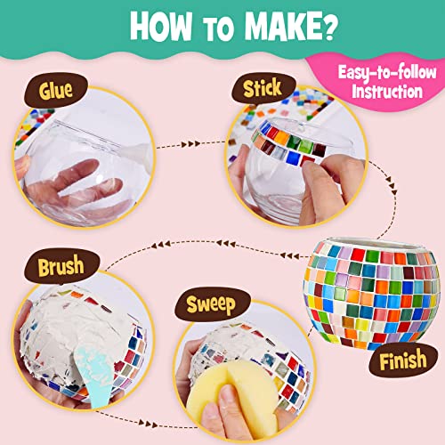 ONE TO FOUR Glass Mosaic Candle Holder Kit - DIY Mosaic Kits for Adults & Crafts for Girls 8-12 - Arts and Crafts for Kids, Tealight Candle Holder for Home Decor, Birthday Gifts for Kids Ages 6 7 8-12 - Image 4