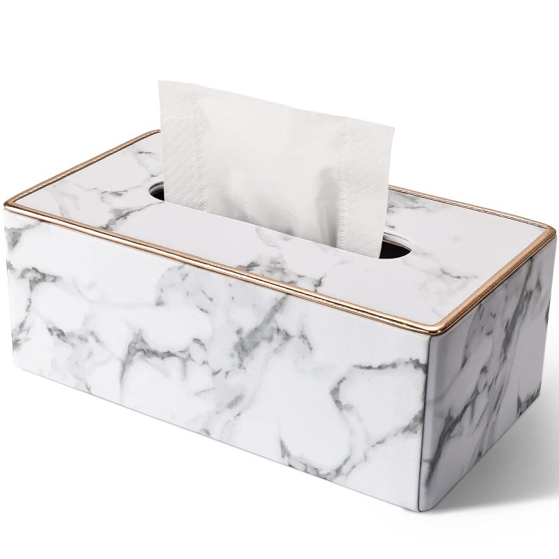 GORESE Tissue Box Cover Rectangular, PU Leather Tissue Box Holder for Kleenex, Napkin, Rectangle Tissue Box Covers, Tissue Holder for Bathroom Car Home Decorative 9.84"X5.23"X3.77" - Phnom Penh Marble - Image 1