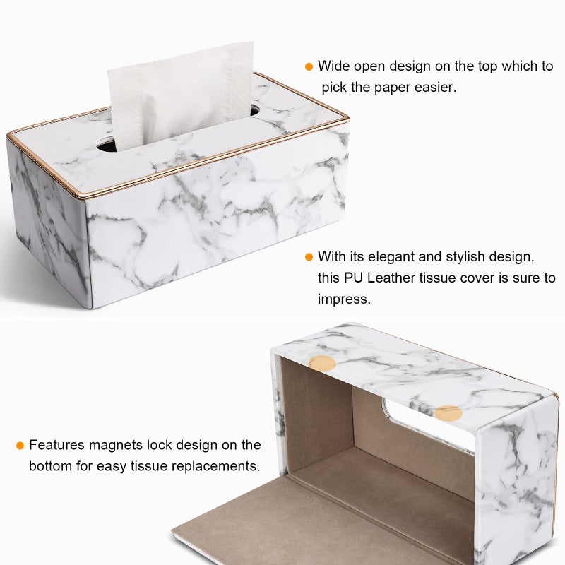 GORESE Tissue Box Cover Rectangular, PU Leather Tissue Box Holder for Kleenex, Napkin, Rectangle Tissue Box Covers, Tissue Holder for Bathroom Car Home Decorative 9.84"X5.23"X3.77" - Phnom Penh Marble - Image 5