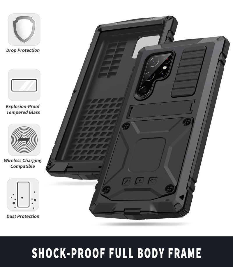 Simicoo Samsung S22 Ultra Metal Case with Screen Protector Camera Protector Military Rugged Heavy Duty Shockproof Case with Stand Full Cover Tough case for Samsung S22 Ultra (S22 Ultra, Black) - Image 4