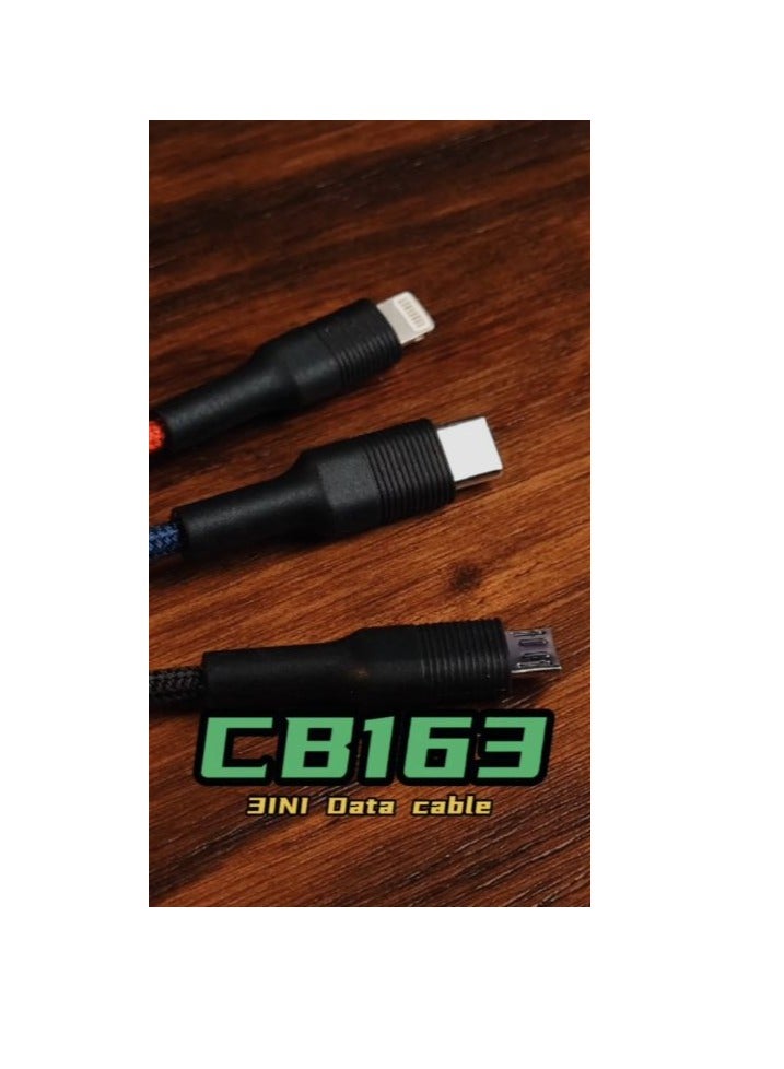 3-in-1 Data Cable – 1M Fast Charging Nylon Braided Cable with USB-A to Lightning, Micro USB & Type-C Connectors, 2.4A Output, Durable Design, Compatible with Android & iOS Devices