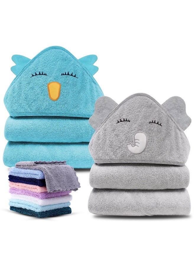 Cute Castle 2 Pack Hooded Baby Towel Rayon Made from Bamboo and 8 Washcloths - Lovely Elephant, Happy Bird - Image 1