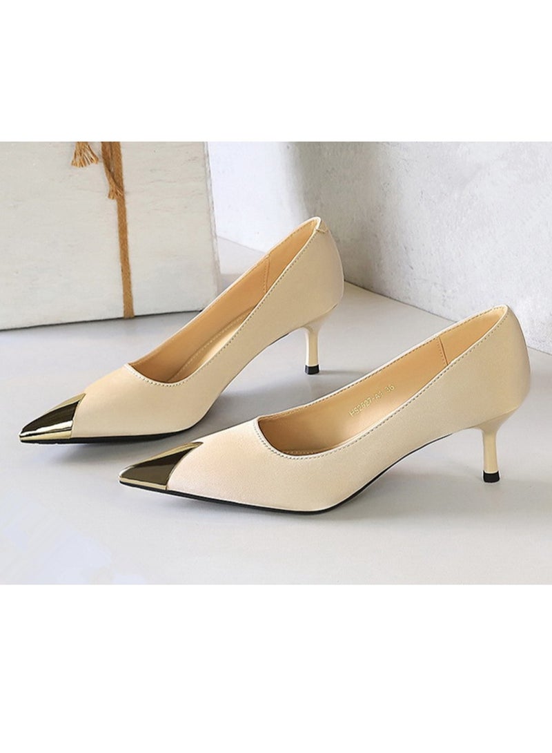 بيج تري المرأة المعدنية مغلقة أشارت إصبع القدم كعب عالي الساتين حزب مضخات الشمبانيا 5CM - Image 1