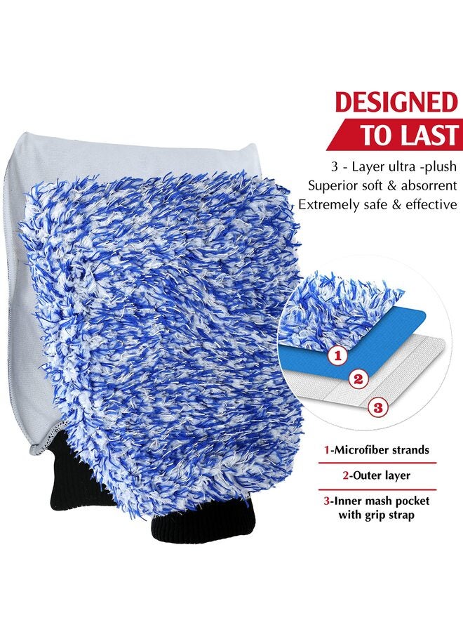 قفاز غسيل السيارات من الألياف الدقيقة، إسفنجة سيارة ملفوفة بقطعة قماش ناعمة من الألياف، غسيل آمن مع أي صابون سيارة، دلو، قاذف رغوة، لوازم تنظيف أخرى، أزرق وأبيض - Image 3
