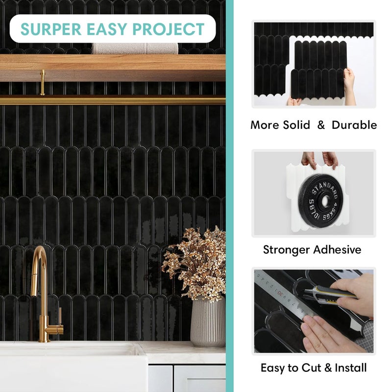 Commomy Thicker Black Peel and Stick Backsplash - 10 pcs of 12" x 12" - 3D Adhesive Peel and Stick Tiles Backsplash for Kitchen, Bathroom, Removable, Waterproof, Vinyl Wall Tile - Image 5
