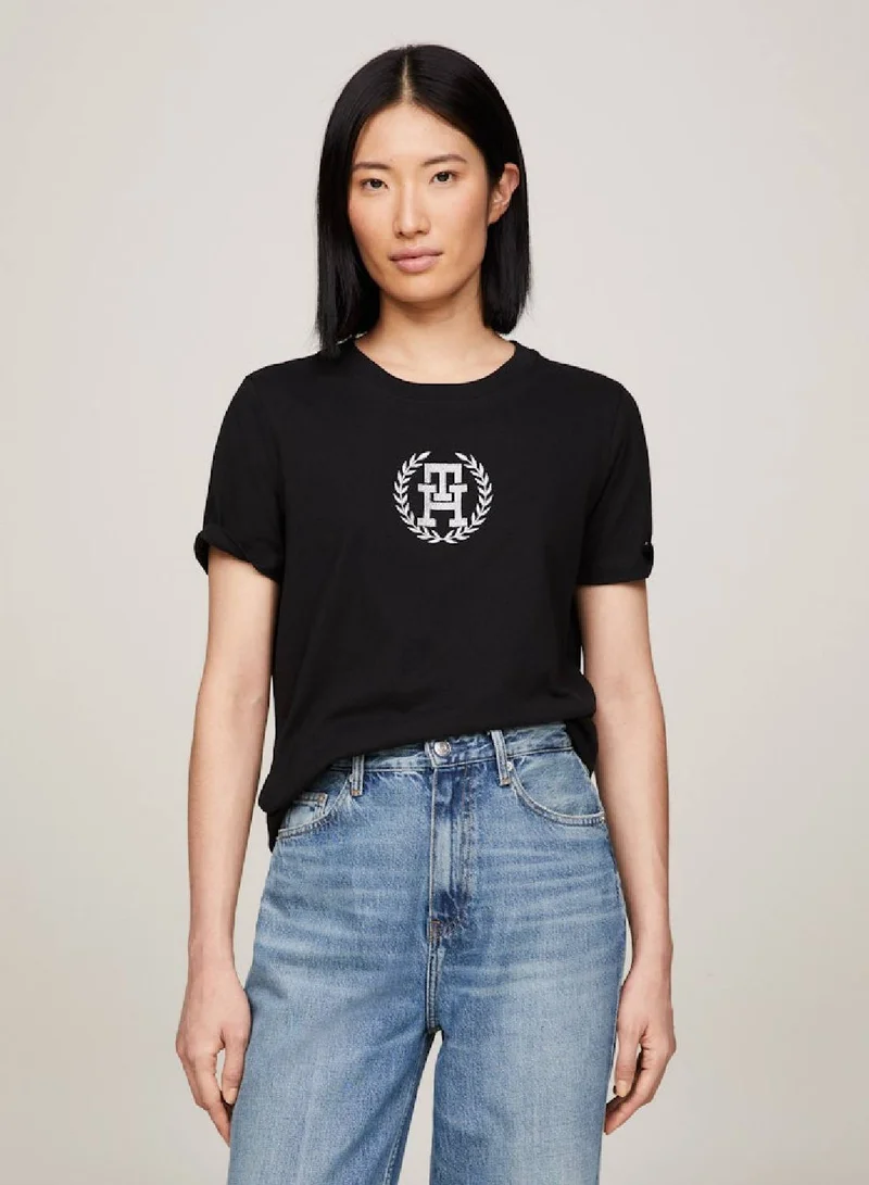TOMMY HILFIGER Women's Th Monogram Featuring A Crew Neck T-Shirt -  Pure cotton, Black
