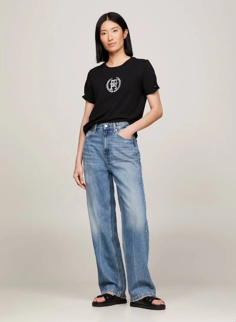 TOMMY HILFIGER Women's Th Monogram Featuring A Crew Neck T-Shirt -  Pure cotton, Black