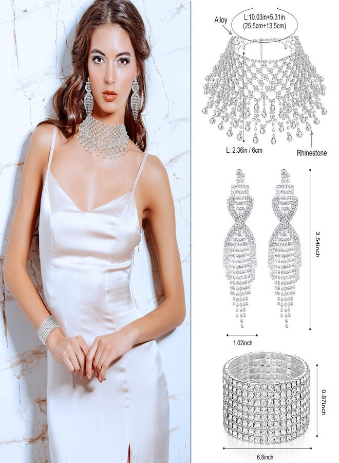 Inbagi 3 Pieces Women Crystal Jewelry Set Rhinestone Choker Includes Bridal Wedding Necklace Crystal Silver Stackable Stretch Bracelets and Teardrop Long Tassels Dangle Earrings Accessories for Women - Image 3