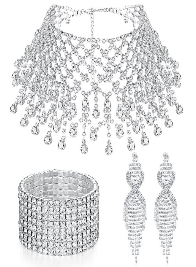 Inbagi 3 Pieces Women Crystal Jewelry Set Rhinestone Choker Includes Bridal Wedding Necklace Crystal Silver Stackable Stretch Bracelets and Teardrop Long Tassels Dangle Earrings Accessories for Women - Image 1