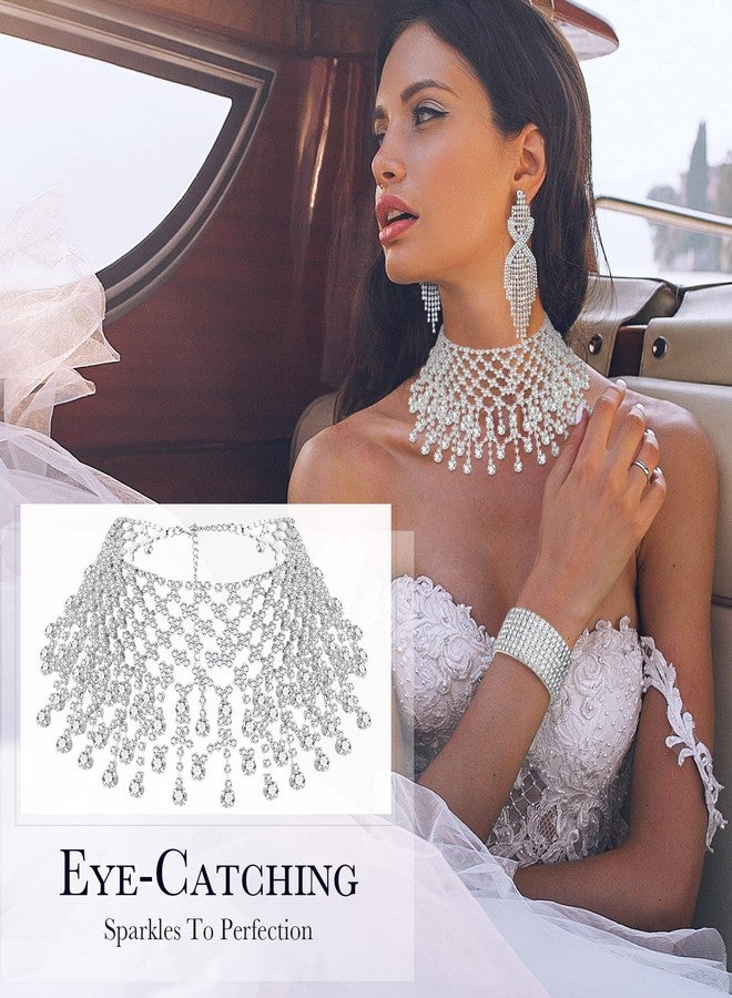 Inbagi 3 Pieces Women Crystal Jewelry Set Rhinestone Choker Includes Bridal Wedding Necklace Crystal Silver Stackable Stretch Bracelets and Teardrop Long Tassels Dangle Earrings Accessories for Women - Image 2