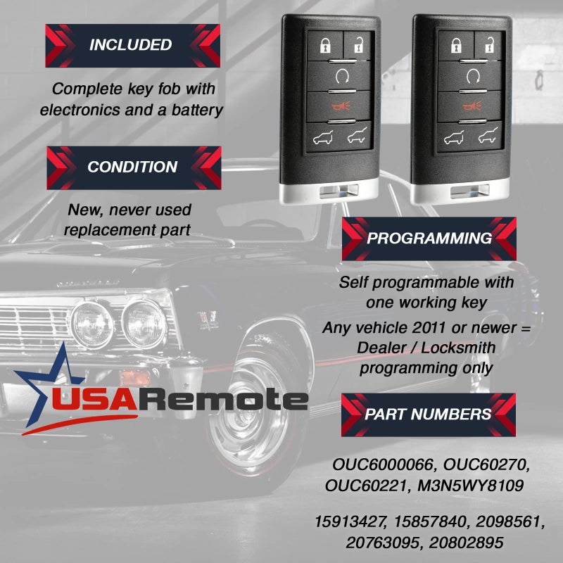 USARemote 2 يناسب 2007-2014 كاديلاك إسكاليد مفتاح فوب دخول بدون مفتاح عن بُعد (OUC6000066) - غير مناسب للبدء بالضغط - Image 3