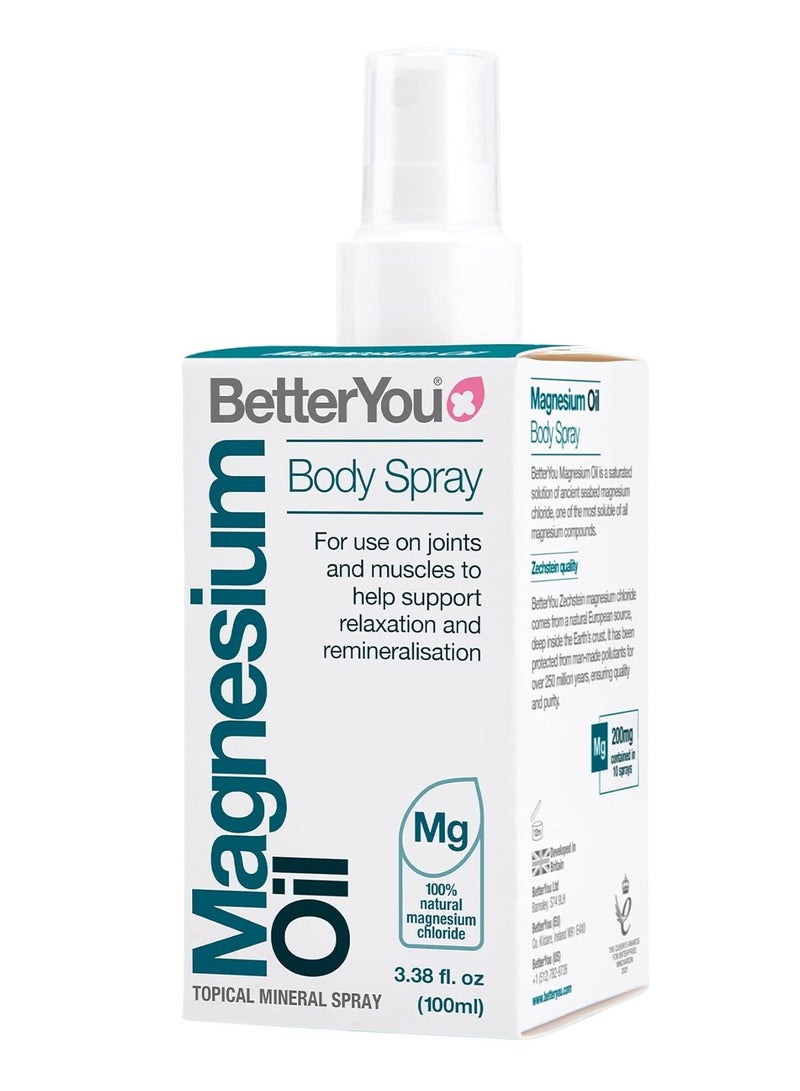 BetterYou Magnesium Oil Body Spray, Pure and Natural Source of Magnesium Chloride, Supports Muscle Recovery, 100ml (600 Sprays)