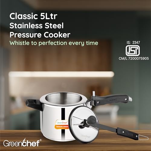 Greenchef Stainless Steel Inner lid pressure cooker 5 litre – Classic, ISI certified, Induction and Gas compatible, Glossy Finish, Triply bottom, 5Year warranty - Image 2