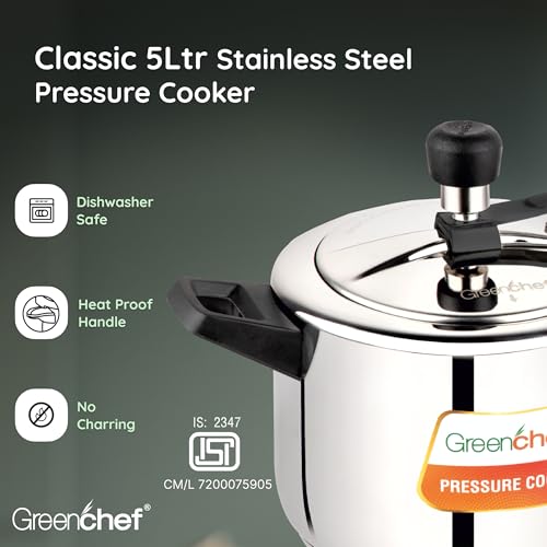 Greenchef Stainless Steel Inner lid pressure cooker 5 litre – Classic, ISI certified, Induction and Gas compatible, Glossy Finish, Triply bottom, 5Year warranty - Image 5