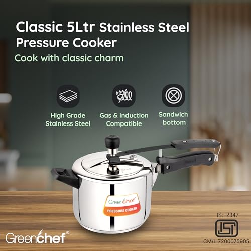 Greenchef Stainless Steel Inner lid pressure cooker 5 litre – Classic, ISI certified, Induction and Gas compatible, Glossy Finish, Triply bottom, 5Year warranty - Image 3