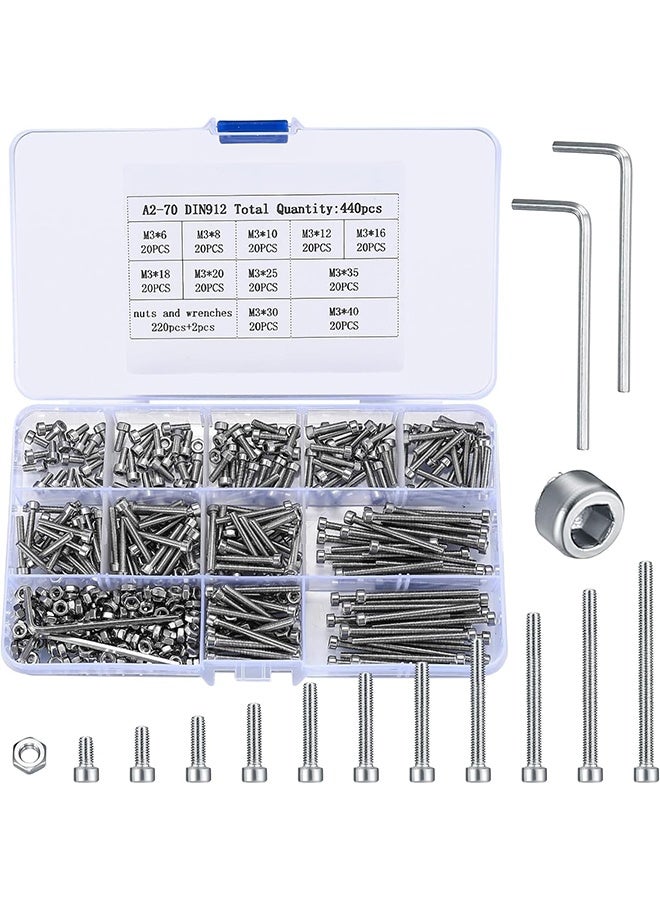 MVAQKLM  440Pcs M3 Screw Assortment with Nuts, Hex Socket Head Cap Screws Washers Kit, Metric Bolts and Nuts Kit, Stainless Steel Machine Screws Assortment, Fully Threaded Hex Nuts - Image 1