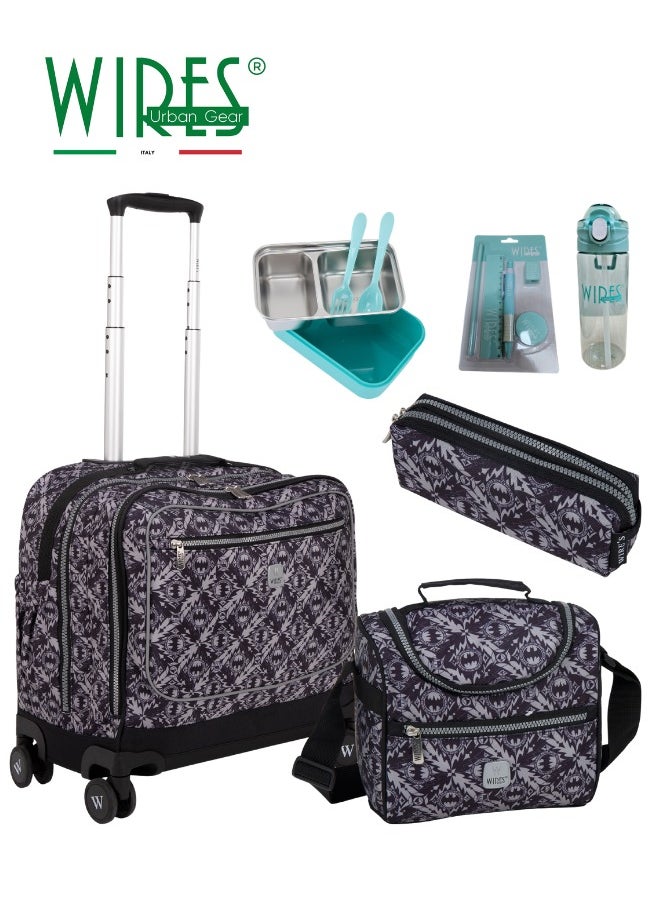 Wires 3 Piece Kids School Trolley Bag laptop compartment 8Wheels With Lunch bag & Pencil Case  - Image 1