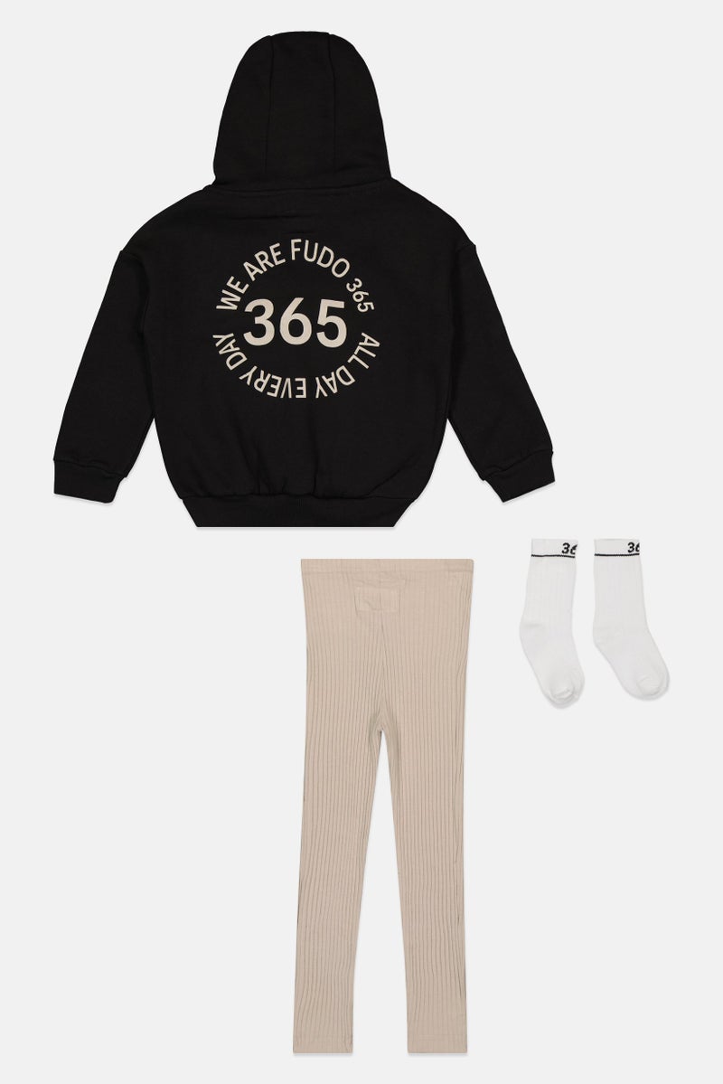 Fudo Kids Girl 3 Pieces Graphic Print Hoodie And Sweatpants With 1 Pair Socks, Multicolor - Image 3