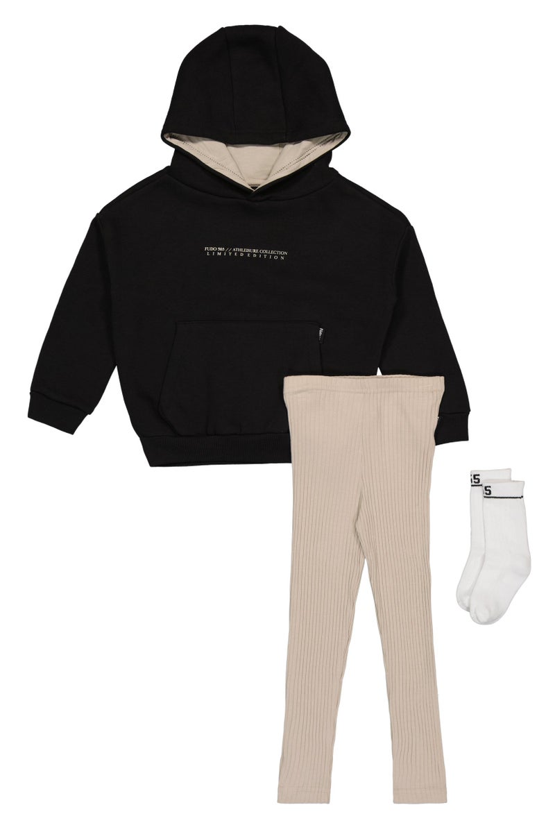 Fudo Kids Girl 3 Pieces Graphic Print Hoodie And Sweatpants With 1 Pair Socks, Multicolor - Image 2