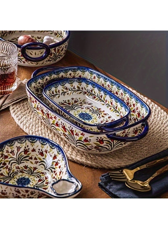 uoobox Polish Ceramic Baking Dish Set of 1, 9-Inch Rectangular Bakeware, Double Handle Fruit Casserole Plate, Vintage Oven & Microwave Safe Cheese Baking Tray - Image 2