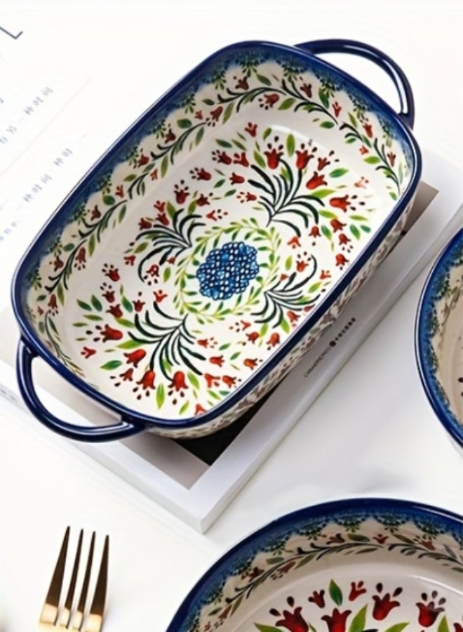 uoobox Polish Ceramic Baking Dish Set of 1, 9-Inch Rectangular Bakeware, Double Handle Fruit Casserole Plate, Vintage Oven & Microwave Safe Cheese Baking Tray - Image 3