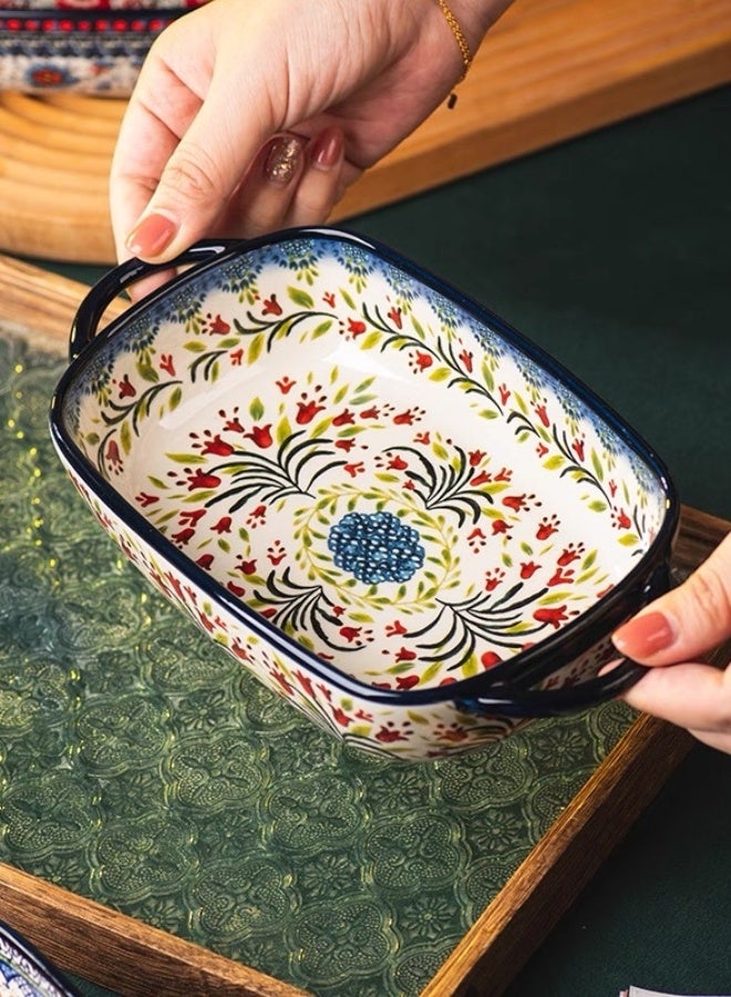uoobox Polish Ceramic Baking Dish Set of 1, 9-Inch Rectangular Bakeware, Double Handle Fruit Casserole Plate, Vintage Oven & Microwave Safe Cheese Baking Tray - Image 1