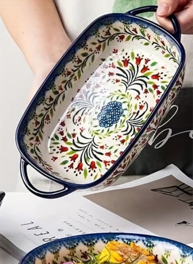 uoobox Polish Ceramic Baking Dish Set of 1, 9-Inch Rectangular Bakeware, Double Handle Fruit Casserole Plate, Vintage Oven & Microwave Safe Cheese Baking Tray - Image 4