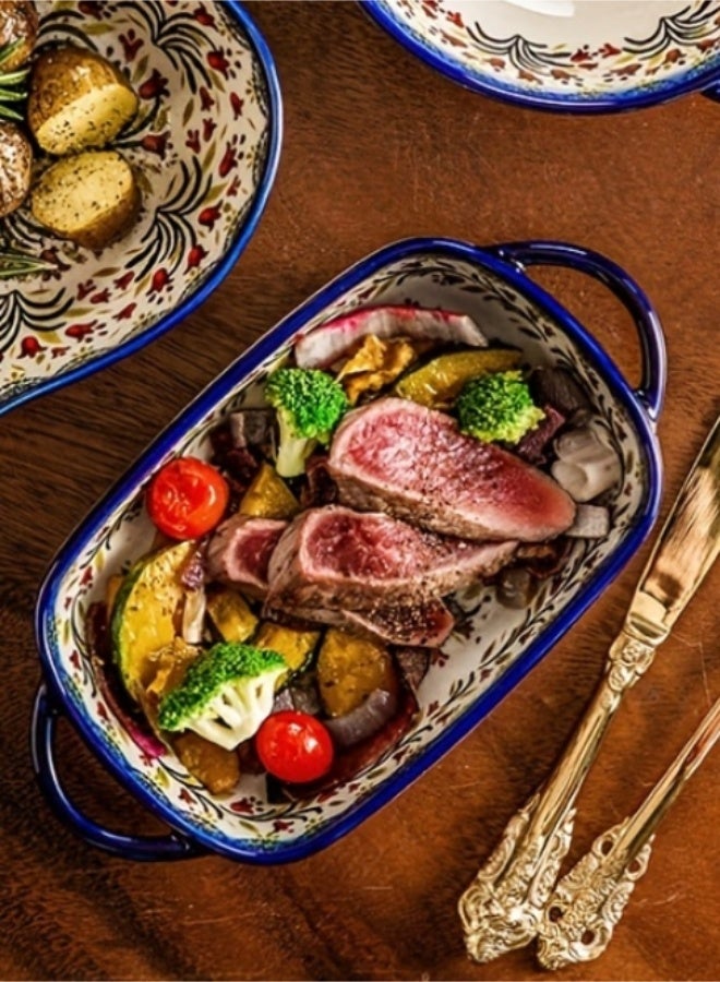 uoobox Polish Ceramic Baking Dish Set of 1, 9-Inch Rectangular Bakeware, Double Handle Fruit Casserole Plate, Vintage Oven & Microwave Safe Cheese Baking Tray - Image 5